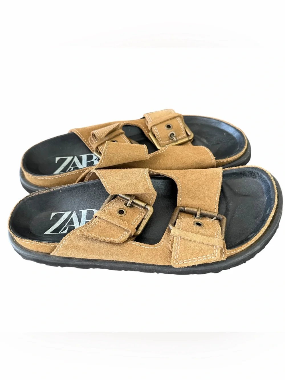 Zara Tan Suede Leather Dad Buckle Slide Sandals Size 39 9 - Picture 2 of 5